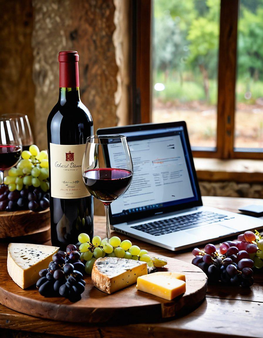A beautifully arranged wine tasting scene featuring an open bottle of red wine, elegant wine glasses filled with various shades of wine, a rustic wooden table adorned with cheese and grapes, and a laptop displaying a virtual wine course. Soft ambient lighting creates an inviting atmosphere, emphasizing the enjoyment of learning about wine. impressionistic. warm colors. natural light.