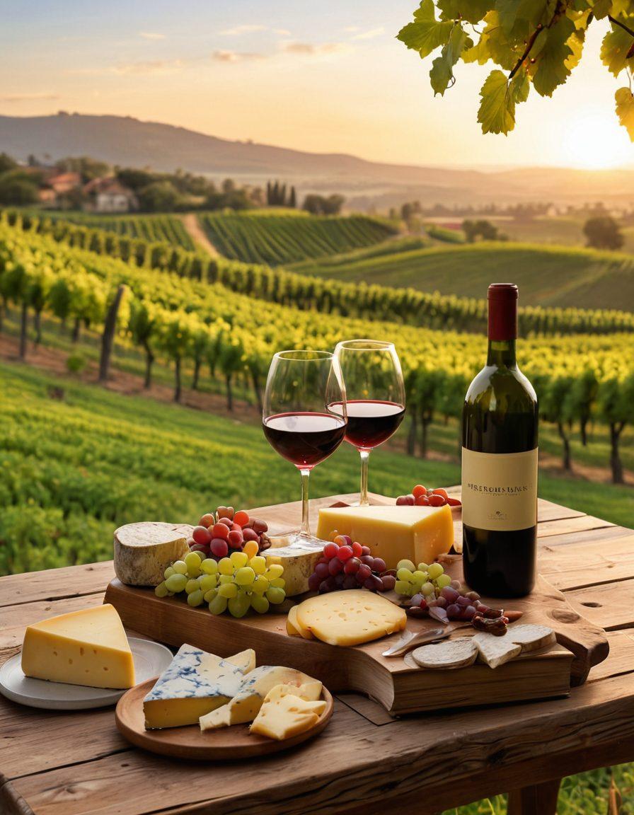 A picturesque vineyard at sunset, with rolling hills of grapevines stretching into the distance. In the foreground, a rustic wooden table is laden with various wine glasses and bottles, alongside a cheese platter. A book about wine education is open, its pages gently blowing in the breeze. The warm hues of the setting sun illuminate the scene, creating a cozy and inviting atmosphere. super-realistic. vibrant colors. 3D.