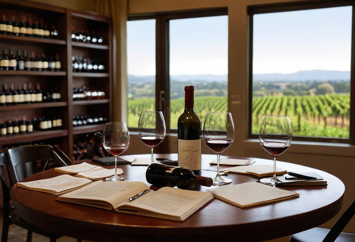 A sophisticated wine tasting scene featuring an elegant table adorned with various wine glasses filled with rich red and white wines. In the background, shelves filled with diverse wine bottles create a warm ambiance. Soft lighting enhances the inviting atmosphere, with a notebook and pen for tasting notes beside a half-full wine glass. A vineyard can be seen through a window, hinting at wine country. super-realistic. warm colors. soft focus.